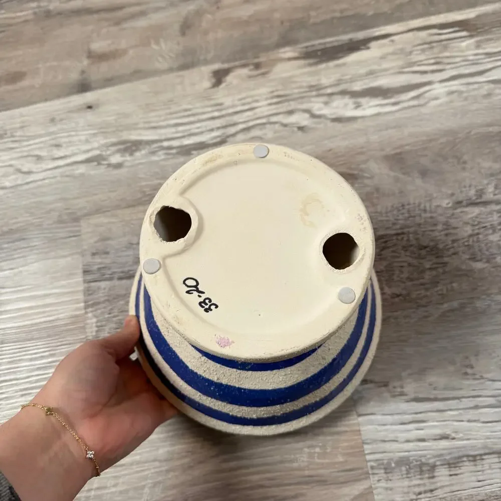 Handmade Studio Pottery Bowl Blue Stripe Pedestal Rustic Ceramic
